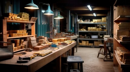Rustic traditional woodworking workshop in evening light