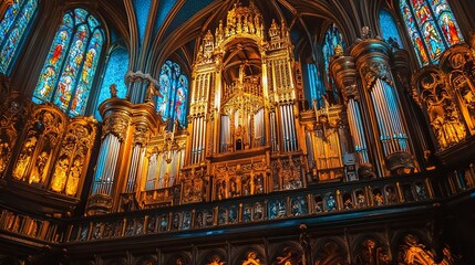 Obraz premium Magnificent church organ in blue and gold, intricate carvings shining under warm light, colorful stained glass windows towering behind, centered view. 