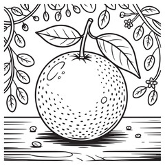  Coloring page of a ripe orange with flowers and leaves, perfect for fruit and nature-related content.