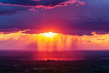 Obraz premium Colorful sunset over distant landscape with dramatic clouds