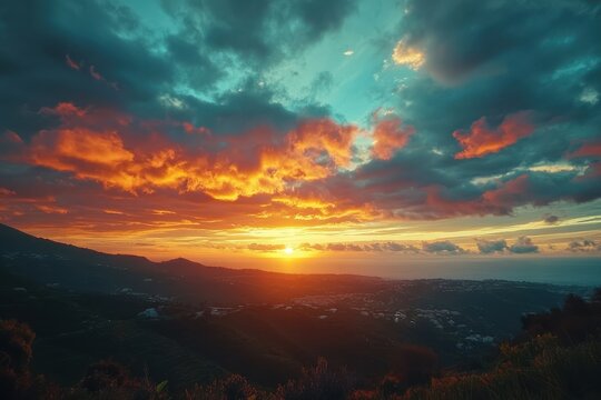 Vibrant sunset over the mountains with dramatic clouds and coastal view during twilight hours