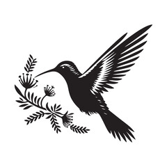 Hummingbird Vector Silhouette, Elegant Avian Design, Delicate Wings in Motion, Nature-Inspired Bird Art, Tiny Bird Illustration, Flying Jewel.
