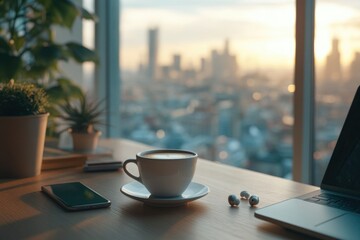A cup of latte art coffee sits on a desk overlooking a city sunrise, beside a laptop and phone.