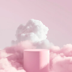An elegant abstract setup with a product pedestal in a fairytale-inspired landscape, featuring soft pastel pink clouds in a 3D illustration.