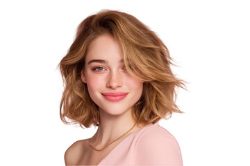 Portrait of a young woman with blonde hair and a gentle smile wearing a pink dress one girl face cute on transparent background
