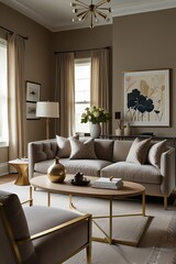 A modern living room interior features a stylish armchair and table near a fireplace, showcasing luxury home decor with wood accents and ample light from a window