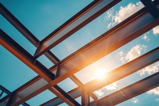 Steel beams framing a partly constructed building against a clear sky.