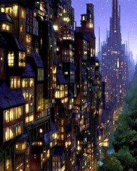 Nighttime cityscape with illuminated buildings, modern skyscraper, and green foliage in an urban environment