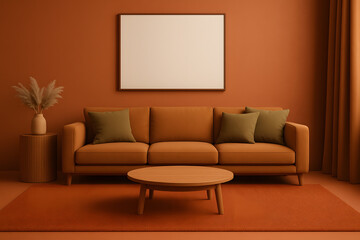 Living room with orange sofa and framed art