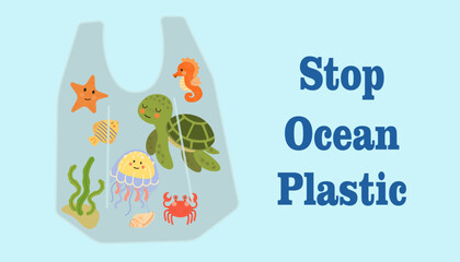 Fight plastic pollution. World Oceans Day design with underwater ocean. Ocean pollution. jellyfish, turtle, starfish, water horse, algae started in plastic bags