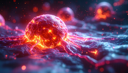 Glowing tumor mass with pulsing veins and fiery textures in dark environment, showing detailed and dynamic biological structure with vibrant red and orange highlights