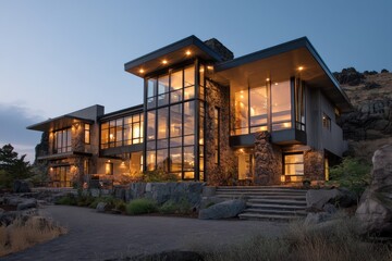 Obraz premium Contemporary home with expansive glass and stacked rock 