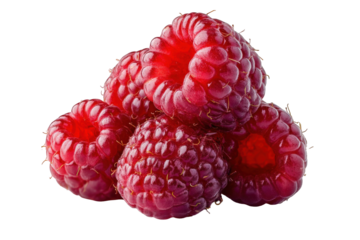 Closeup of fresh red raspberries isolated on delicious summer fruit healthy food photography studio shot on transparent background