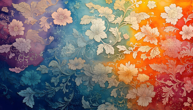 Rainbow batik gradient with seamless floral motifs