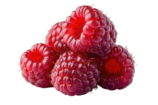 Closeup of fresh red raspberries isolated on delicious summer fruit healthy food photography studio shot on transparent background