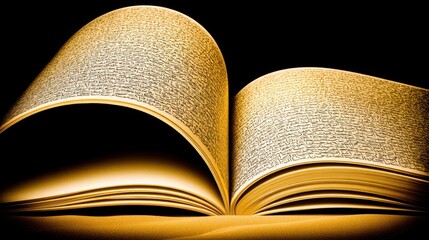 Open antique book with dense script on aged yellow paper resting on gold surface against black background