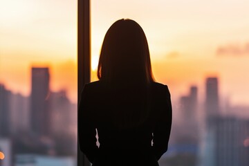 Businesswoman silhouette looking at sunrise over city skyline