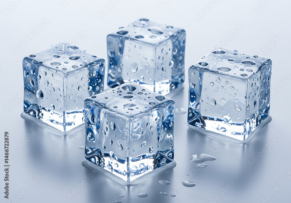 Poster a close up of four ice cubes with water droplets on a reflective surface in a studio setting light