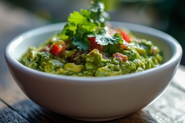 Fresh guacamole in a small white bowl on a table