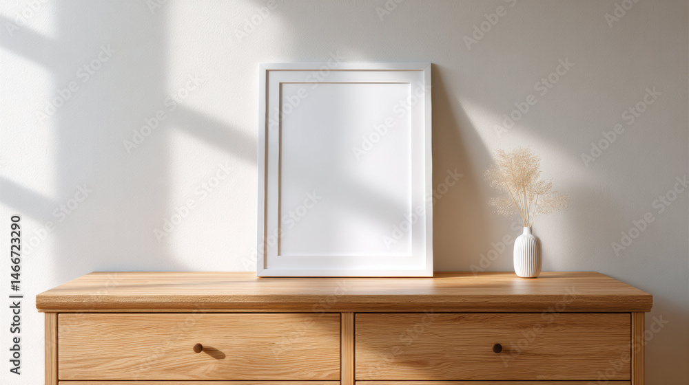 Poster white frame mockup for photo displayed on wooden dresser with soft natural light and minimal decor c
