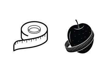 Healthy eating and weight loss concepts depicted with apple and measuring tape icons