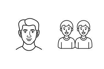 Isolated outlined illustrations featuring smiling male faces portrait and two figures together