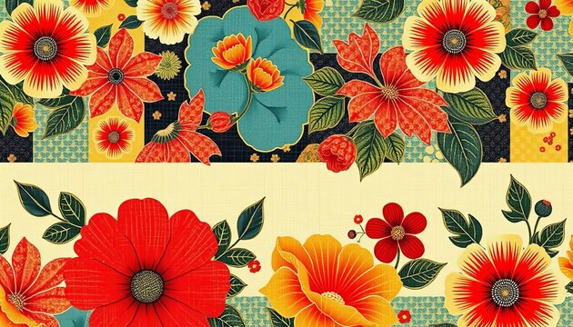 Abstract floral wallpaper design featuring a seamless patchwork pattern of traditional Japanese fabrics,  style,  digital