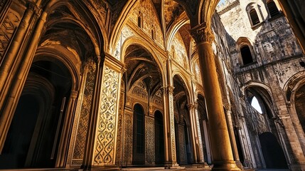 Fototapeta premium Majestic Gothic Palermo Cathedral, intricate patterns on stone walls and arches, warm sunlight highlighting fine details, wide-angle composition. 