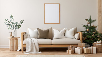 Fototapeta premium Frame for photo mockup in cozy living room with beige sofa, decorative pillows, small Christmas tree, wrapped gifts and minimalist decor creating warm festive atmosphere