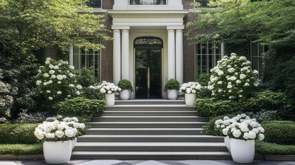 Fototapeta premium Grand Home Entrance with Hydrangeas and Steps Lush Greenery Classic Architecture Exterior Shot