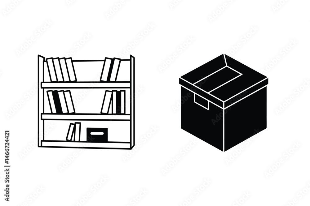 Poster black and white vector illustration of bookshelf and cardboard box objects isolated