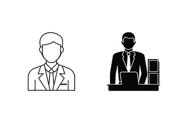 Simple business iconography representing professionals in various work environments and scenarios