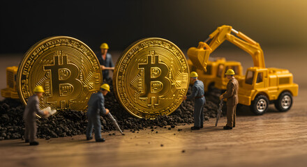 Conceptual Bitcoin Mining Operation with Miniature Workers and Golden Coins on Wooden Surface