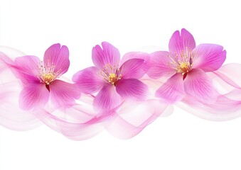 Fototapeta premium Delicate pink cherry blossoms gracefully arranged on flowing, translucent ribbons against a white background. Intricate details in the blossoms and soft