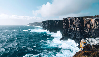 Fototapeta premium Dramatic Ocean Waves Crashing Against Rugged Cliffs Coastal Landscape