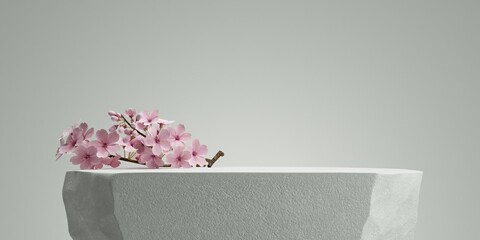 Cosmetic background. stone podium and cherry blossom white background. for branding and product presentation. 3d rendering illustration.