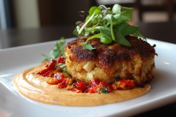 Crab cake with roasted pepper aioli 