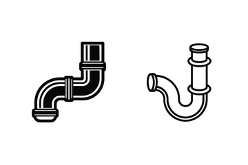 Black and white vector illustrations of two plumbing p-trap pipe fittings isolated