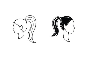 Two vector illustrations of women's hair in ponytail style depicted in black and white