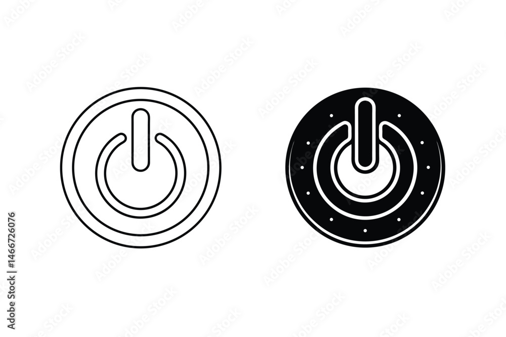 Poster two simple power buttons icon designs in black and white representing on and off functionality