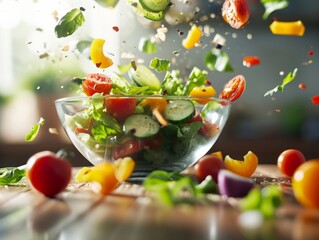 Fresh Ingredients Falling into a Bowl with Salad Being Mixed in the Air