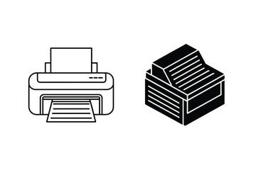 Isometric view and outlined printer icons representing printing and office equipment on white background