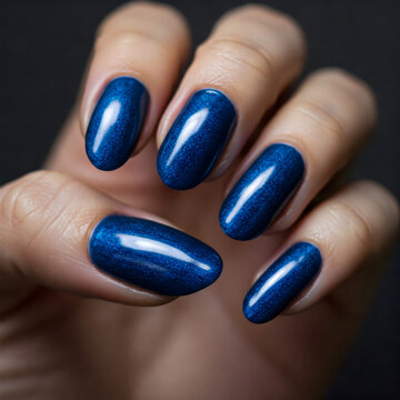 Stunning Sapphire Blue Velvet Magnetic Nail Polish: Elegant Manicure with Shimmering Squoval Nails. Macro, Sophisticated Beauty, Dark Background, Captivating Depth and Light Play.