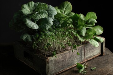 Crate of collard greens and delicate cress 