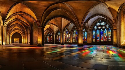 Obraz premium Nave of Wakefield Cathedral, ribbed vaults and pointed arches highlighted by ambient lighting, colorful stained glass casting reflections on stone floor, wide-angle interior shot. 