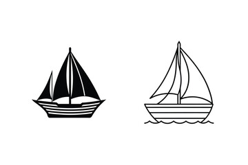 Simple black and white sailboat illustrations featuring outlined and solid sailing vessels
