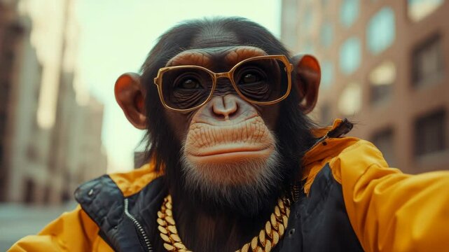 Stylish monkey wearing sunglasses and gold chain in urban setting captures attention