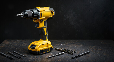Electric drill with accessories on a dark textured background  