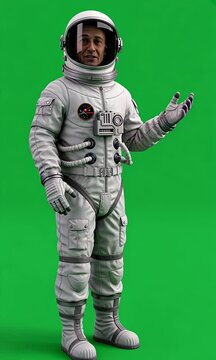 Astronaut in spacesuit stands, arm extended on green