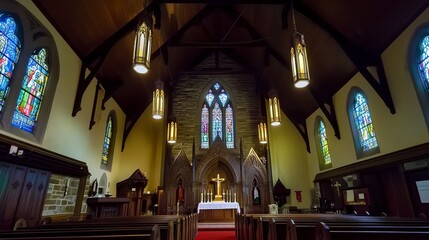 Fototapeta premium Old church interior, dim light filters through colorful stained glass, illuminating the nave and revealing timeworn stone carvings, low-angle view emphasizes height and history. 
